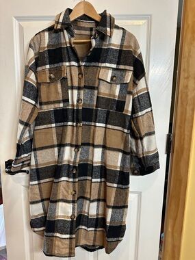 Plaid Button-Up Shacket Dress in Tan, Black & Cream